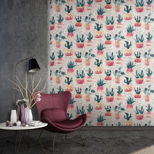 Non-woven wallpaper floral cactus grey green red 81652