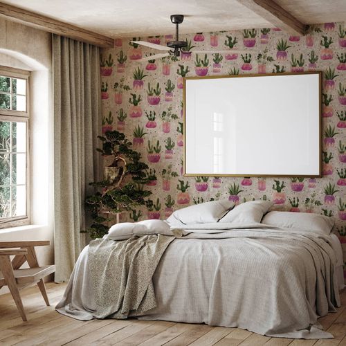 Non-woven wallpaper floral cactus grey green purple 81653