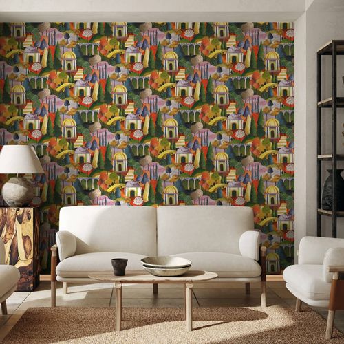 Non-woven wallpaper art paintings green yellow pink 81661
