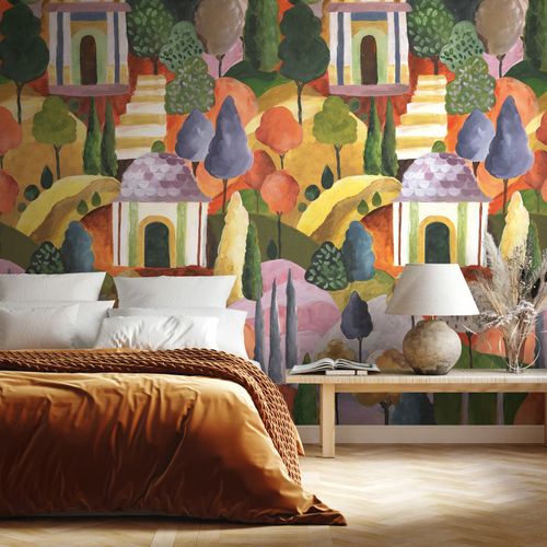Photo Wallpaper Garden Art Painting Yellow Red Blue 81664