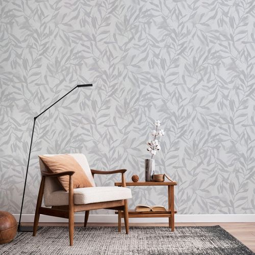 Non-woven wallpaper floral leaves white grey metallic 82439
