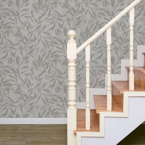 Non-woven wallpaper floral leaves grey beige metallic 82440