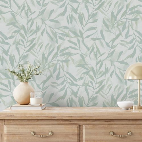 Non-woven wallpaper floral cream green metallic 82442