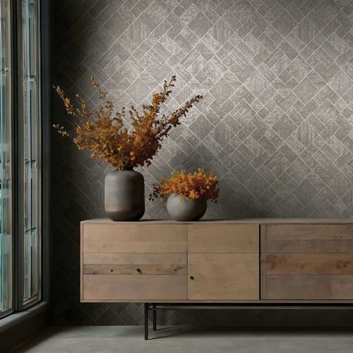 Non-woven wallpaper tiles graphic platinum metallic 35511