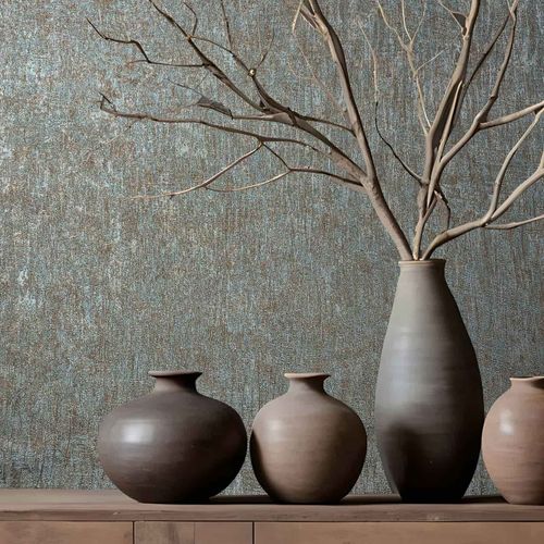 Non-woven wallpaper plain shabby blue copper metallic 35526