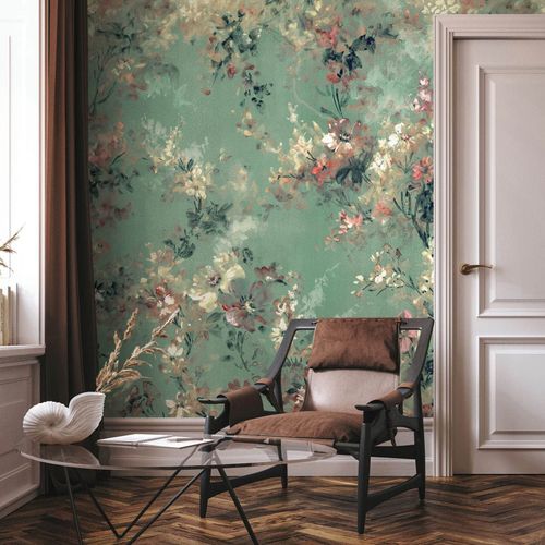 Photo wallpaper non-woven floral shabby green beige 35096