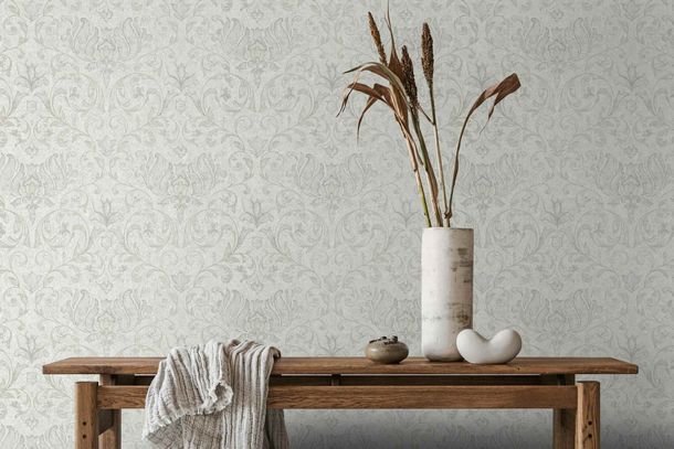 Non-woven wallpaper floral ornaments grey cream beige 35148