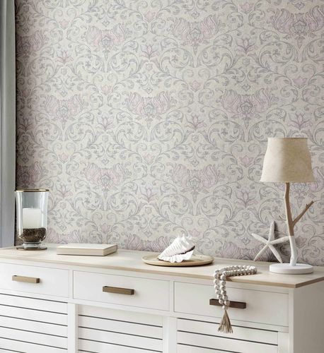 Non-woven wallpaper floral ornaments beige grey red 35150