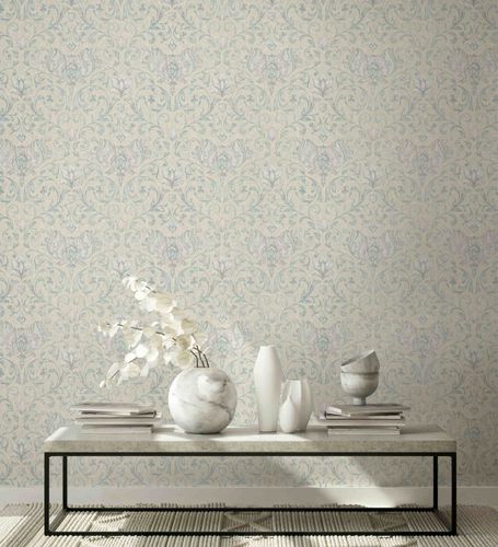Non-woven wallpaper floral ornaments beige green grey 35151