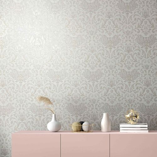 Non-woven wallpaper floral ornaments cream beige grey 35168