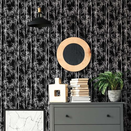 Non-woven wallpaper floral bamboo leaves black grey 81672