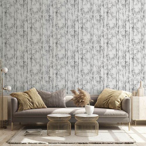 Non-woven wallpaper floral bamboo leaves white grey 81673