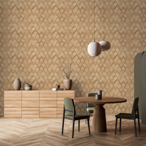 Non-woven wallpaper wood look graphic diamonds beige 81676