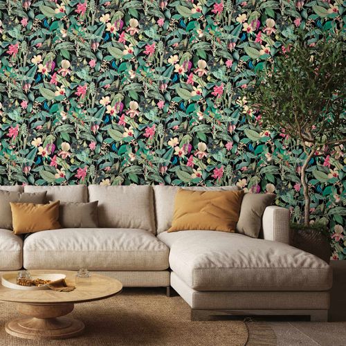 Non-woven wallpaper Tropical Floral Black Green Pink 81685