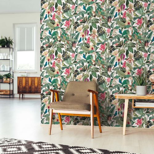 Non-woven wallpaper Tropical Floral White Green Pink 81686