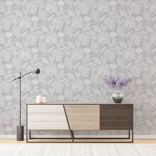 Non-woven wallpaper Underwater Floral Grey White 81687