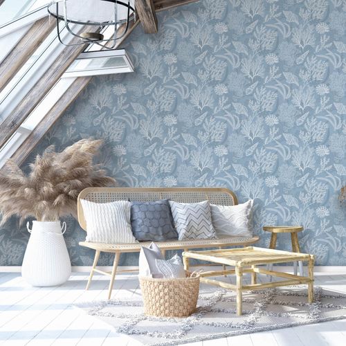 Non-woven wallpaper Underwater Floral Blue White 81689