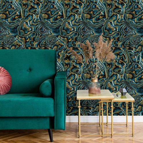 Non-woven wallpaper stone look abstract blue yellow 81693