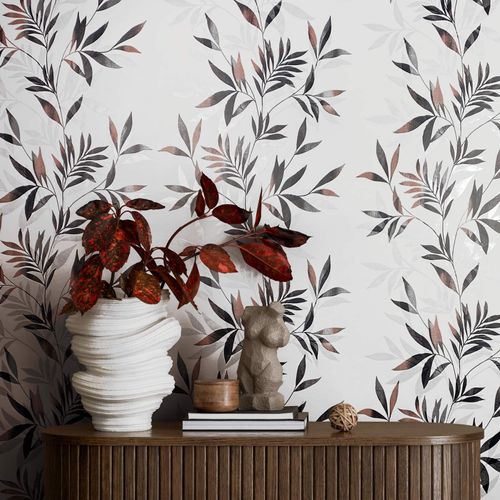 Non-woven wallpaper leaves white black silver 82458
