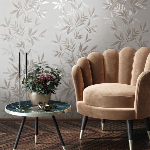 Non-woven wallpaper leaves white beige silver 82459