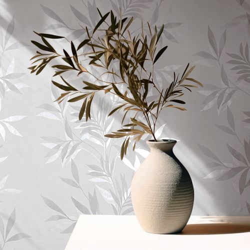 Non-woven wallpaper leaves white grey silver metallic 82460