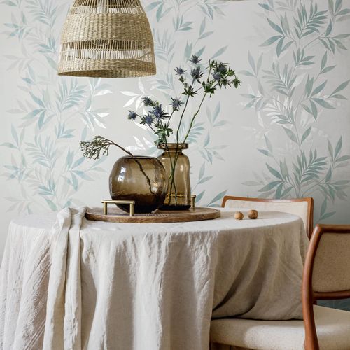 Non-woven wallpaper leaves white turquoise silver 82461