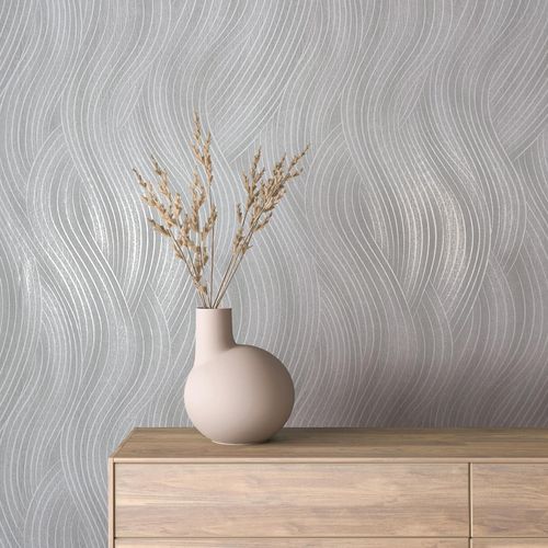Non-woven wallpaper graphic waves grey white gloss 82474