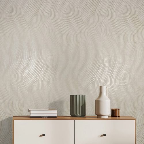 Non-woven wallpaper graphic waves grey beige metallic 82475