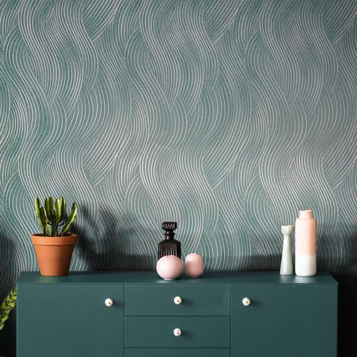 Non-woven wallpaper waves turquoise white gloss 82478