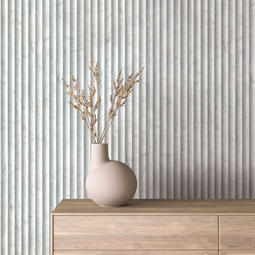 Non-woven wallpaper stripes marble look grey blue 89005