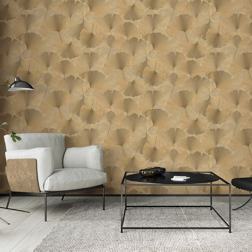 Non-woven wallpaper floral leaves gold metallic 10470-30