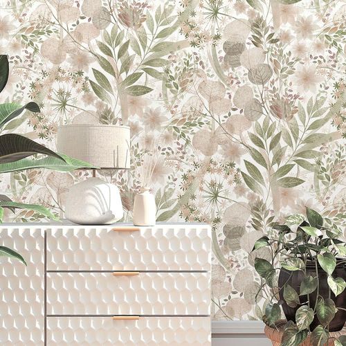 Non-woven wallpaper leaves floral white pink green 10506-05