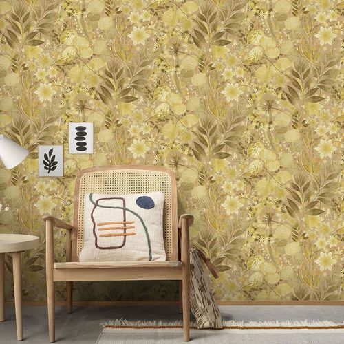 Non-woven wallpaper leaves floral beige yellow 10506-20