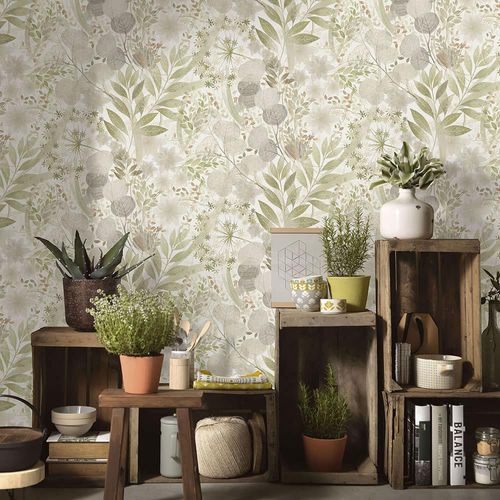 Non-woven wallpaper leaves floral white green 10506-35