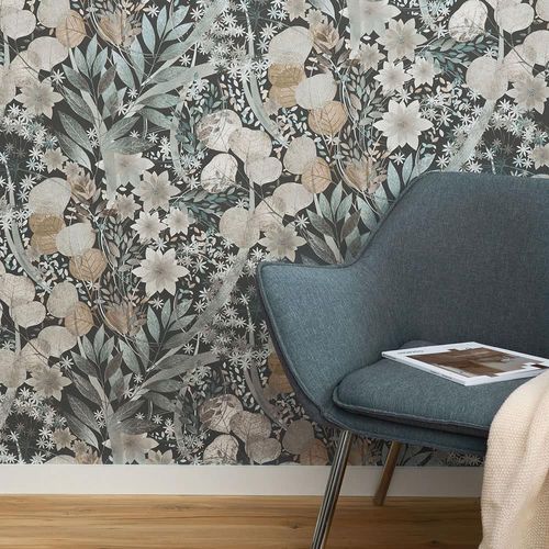 Non-woven wallpaper leaves floral blue grey brown 10506-44