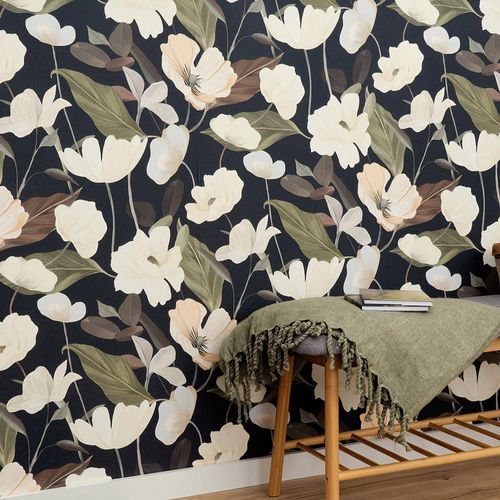 Non-woven wallpaper floral flowers black cream 10508-15