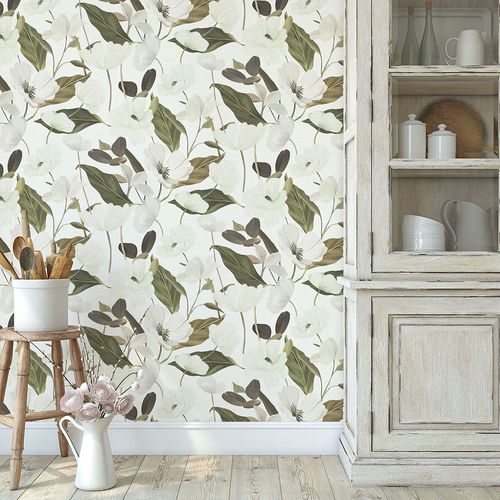 Non-woven wallpaper floral flowers white cream 10508-26