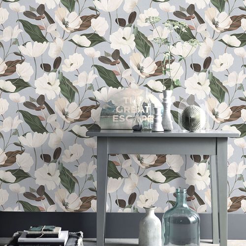 Non-woven wallpaper floral flowers grey green 10508-31