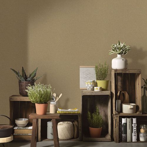 Non-woven wallpaper textile look plain brown ochre 10510-20