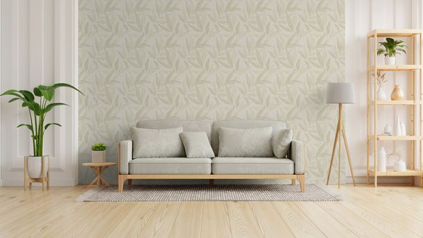 Non-woven wallpaper leaves cream green silver 79096-1