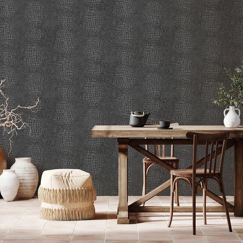 Non-woven wallpaper crocodile grey black gloss 10529-15