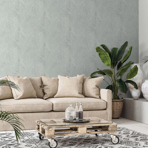 Non-woven wallpaper leaves green white metallic 10530-07