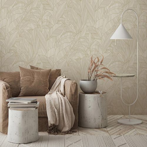 Non-woven wallpaper leaves texture brown cream 10530-11