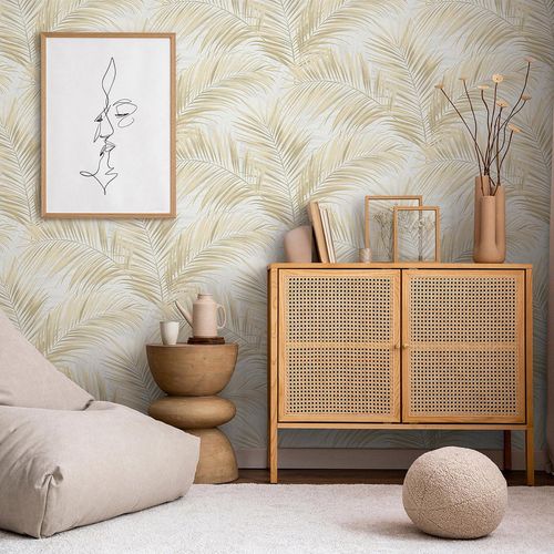 Non-woven wallpaper leaves jungle white beige 10531-02