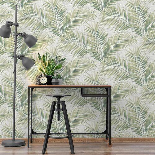 Non-woven wallpaper leaves jungle white green 10531-07