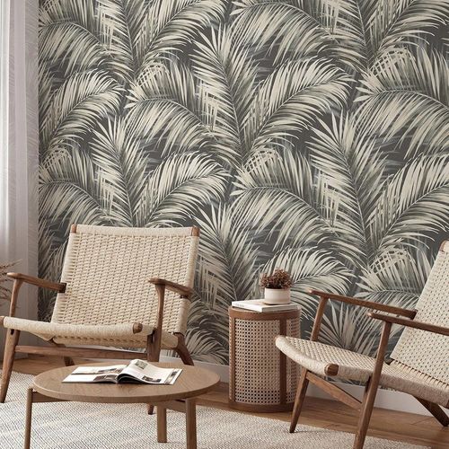 Non-woven wallpaper leaves jungle dark grey cream 10531-15