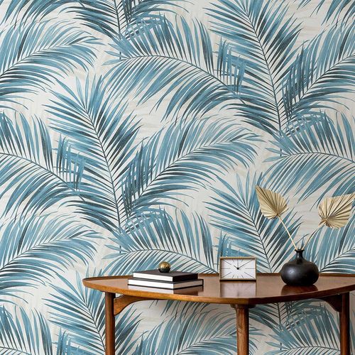 Non-woven wallpaper leaves jungle white blue 10531-19