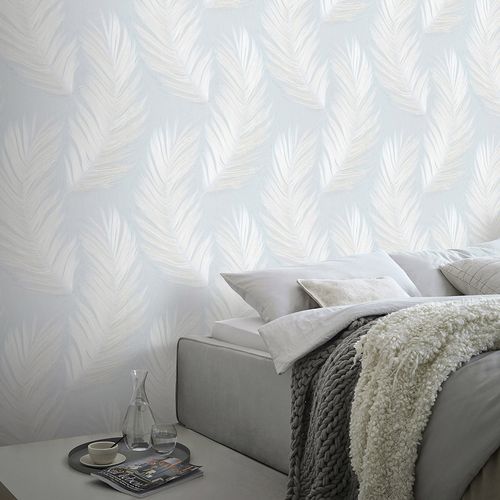 Non-woven wallpaper feathers blue cream glitter 10516-43