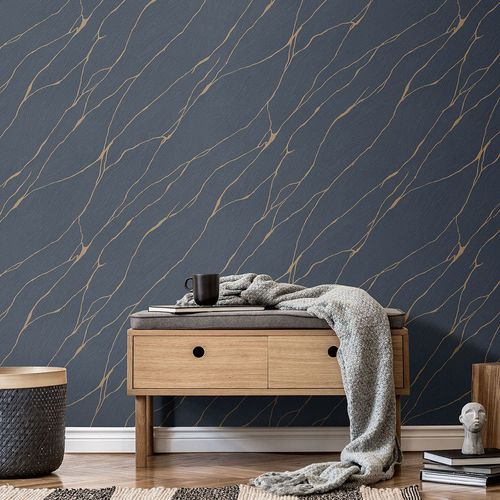 Non-woven wallpaper wave pattern blue gold 10440-08