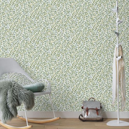 Non-woven wallpaper leaves white green blue 10462-07